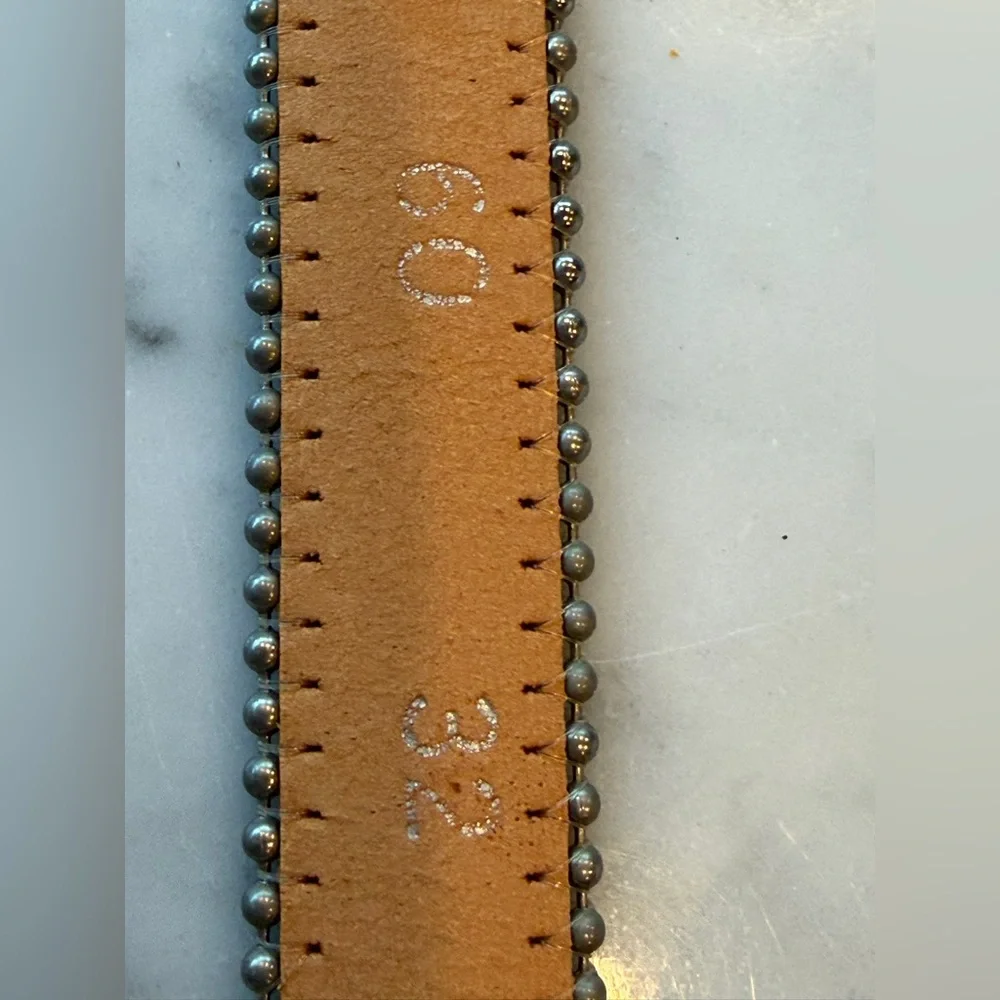 Jenny & the Boys VTG leather/fabric belt, carved stone buckle, silver bead,32-36